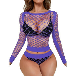 Rslove Women Sexy Mesh Lingerie Fishnet Babydoll Free Size Bodysuit-  Purple